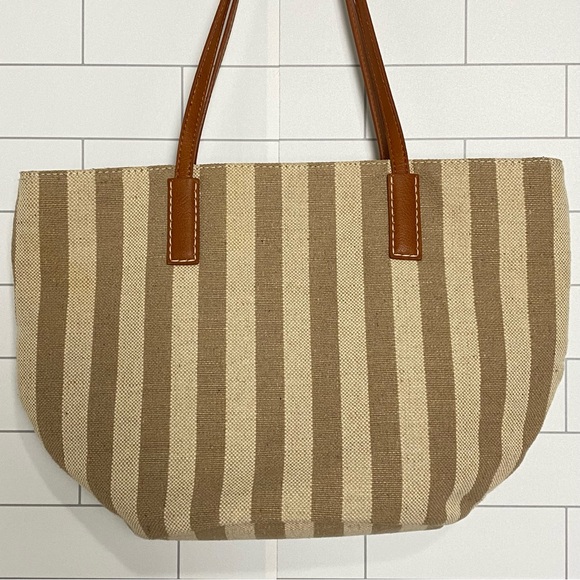 EUC Burlap Jute Natural Tote Shoulder Bag Tan Striped Leather Straps - Picture 8 of 15